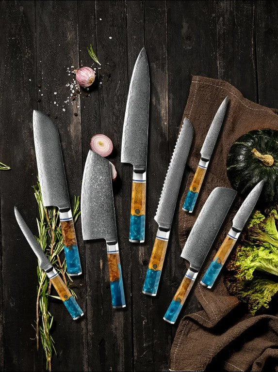 8 Piece Damascus resin/wood