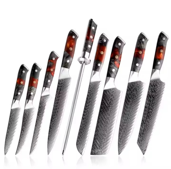 9 piece Damascus resin/wood red