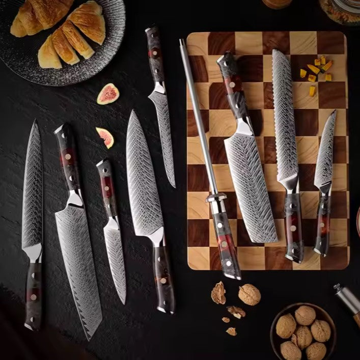 9 piece Damascus resin/wood red