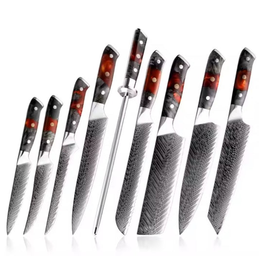 9 piece Damascus resin/wood red